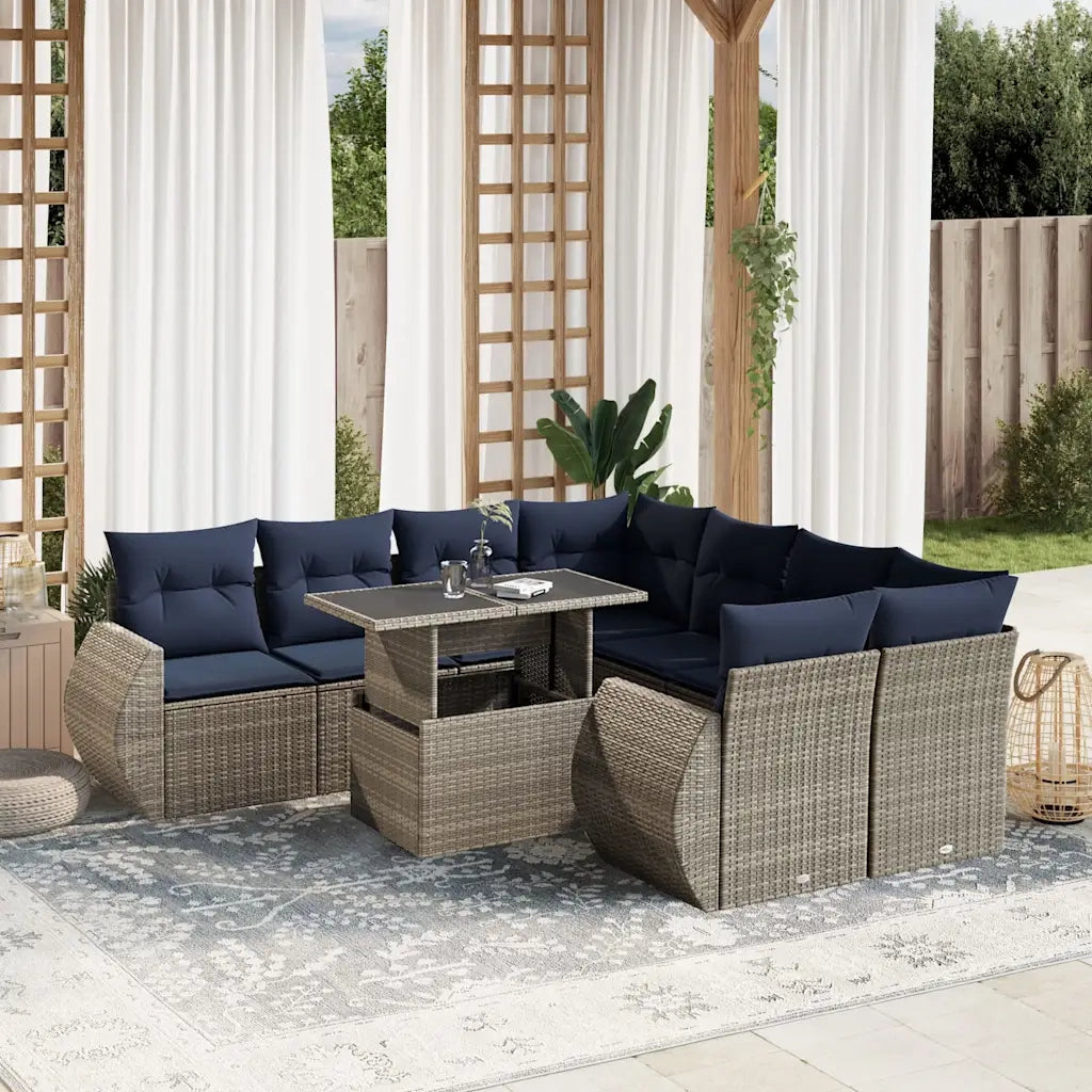 Set Divani da Giardino 9 pz con Cuscini Grigio in Polyrattan 3268431
