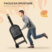Forno per Pizza e Barbecue a Carbone Portatile in Acciaio con Camino e Ruote, 63x54x161 cm, Nero