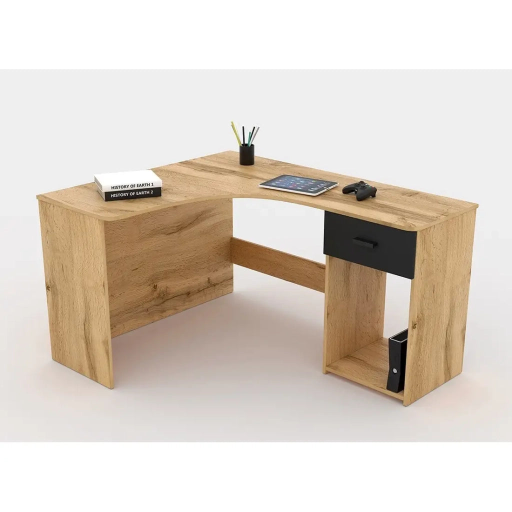Scrivania angolare design con numerosi spazi di archiviazione collezione LOUANE colore rovere e nero.