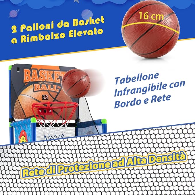 Macchina da Pallacanestro per Bambini, Set Giochi 2-in-1 da Interno ed Esterno per Basket e Palline Attaccanti con Segnapunti Elettronico ed Effetti Sonori, Regalo per Bambini e Bambine 3+