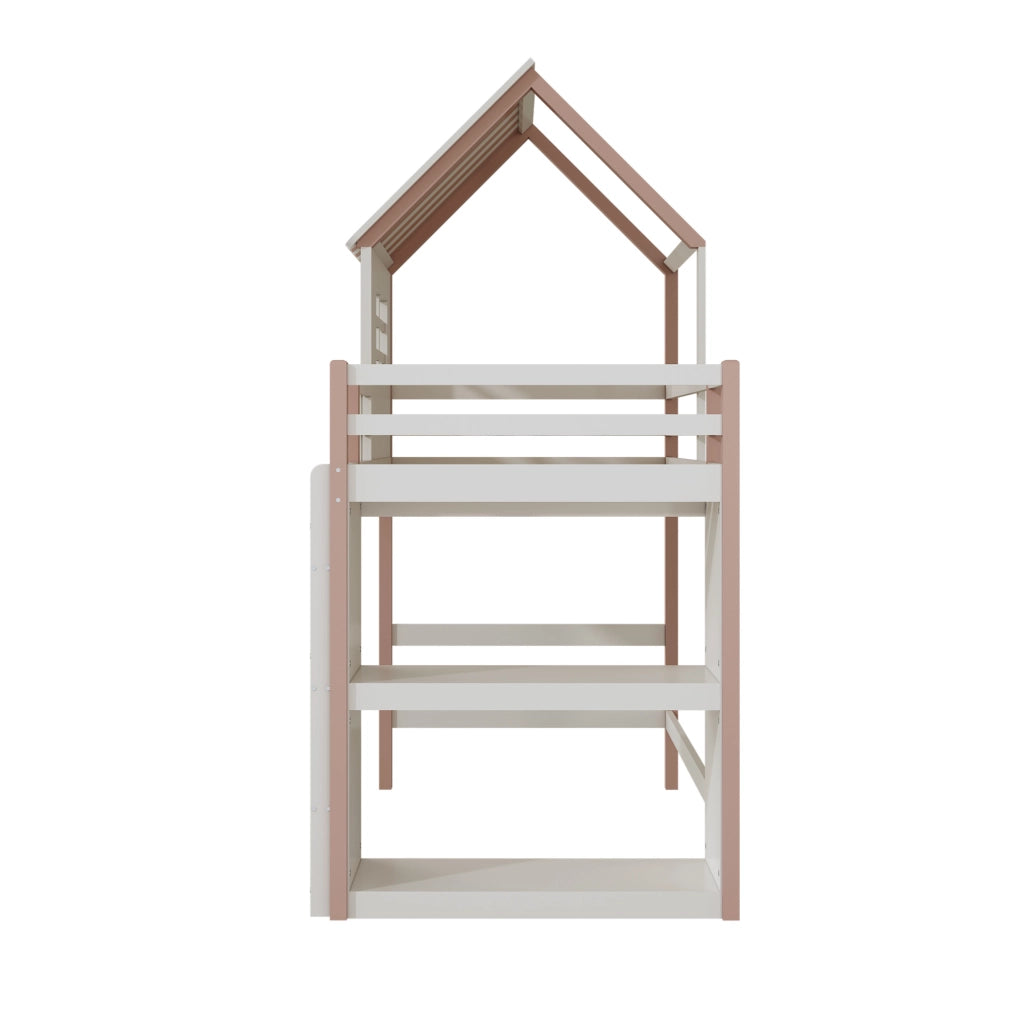 Letto a casetta 90x200 cm con scala di sicurezza e spazio contenitore in legno rosa