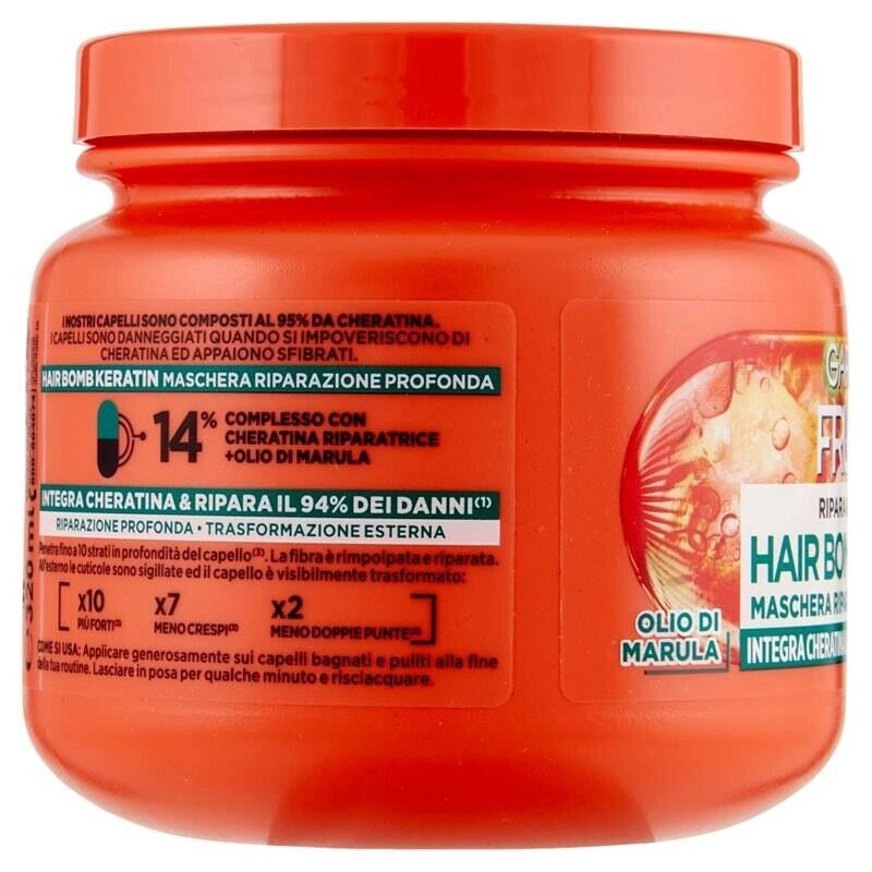 GARNIER FRUCTIS 2 CONFEIZIONI MASCHERA RIMPOLPANTE X CAPELLI DANNEGGIATI RIPARA  CON OLIO DI MARULA E CHERATINA, 320 ML L'UNA