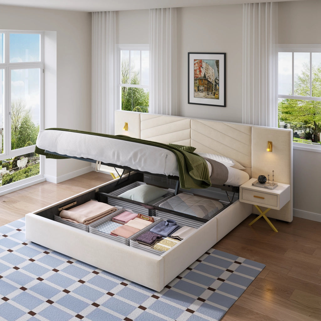 Letti contenitori 160x200 cm; alzata a gas; legno; beige bianco