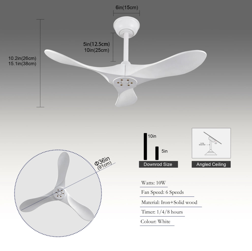 Ventilatore da soffitto 36 pollici bianco in legno massello; 3 pale; telecomando; motore DC