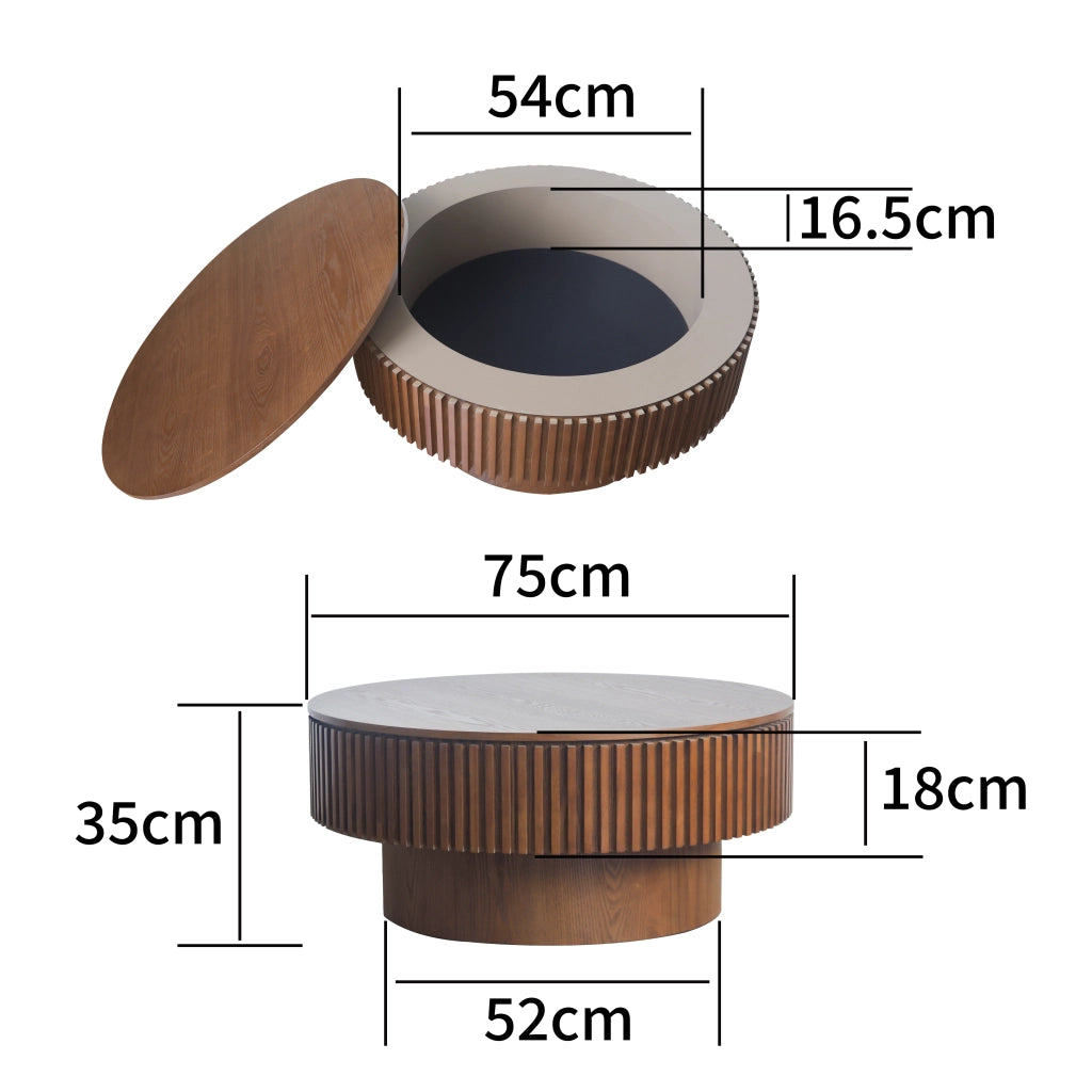 Tavolino basso rotondo con contenitore nascosto, in MDF e legno massello, finitura noce, per soggiorno e ufficio, Ø 75 cm