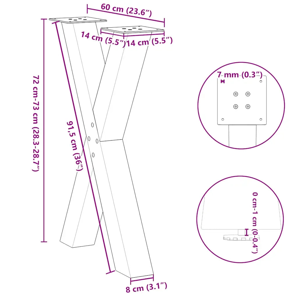 Gambe per tavolo da pranzo a forma di X 2 pz | Piede del tavolo nere 60x(72-73) cm in acciaio