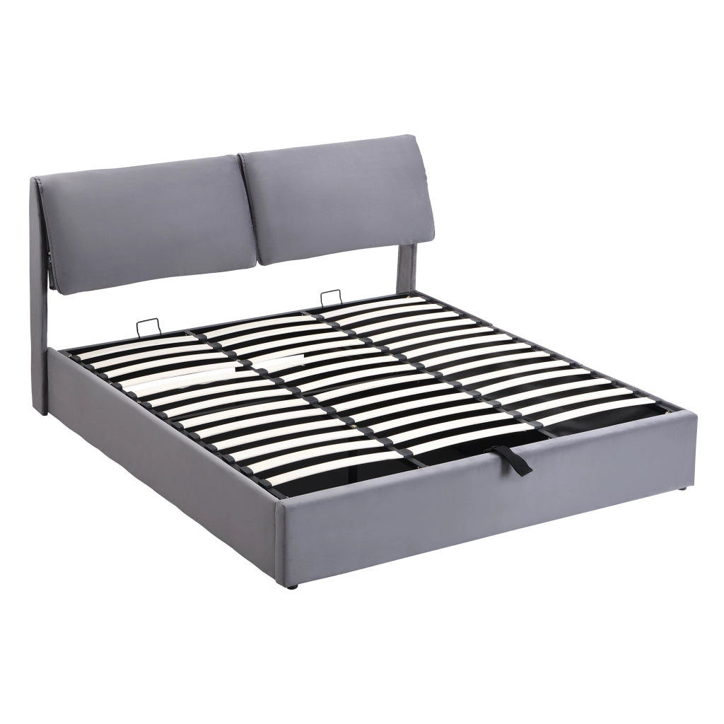 Letto imbottito 160x200 cm in velluto grigio con contenitore, 3 cassetti, testiera regolabile e rete a doghe