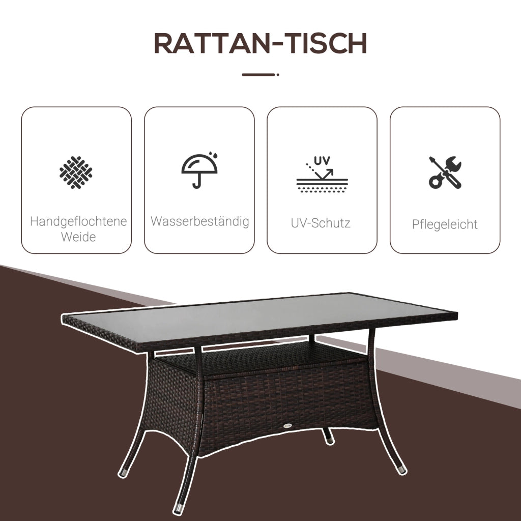 Tavolo da giardino in polyrattan con piano in vetro di sicurezza marrone per interno ed esterno 74 × 150 × 85 cm
