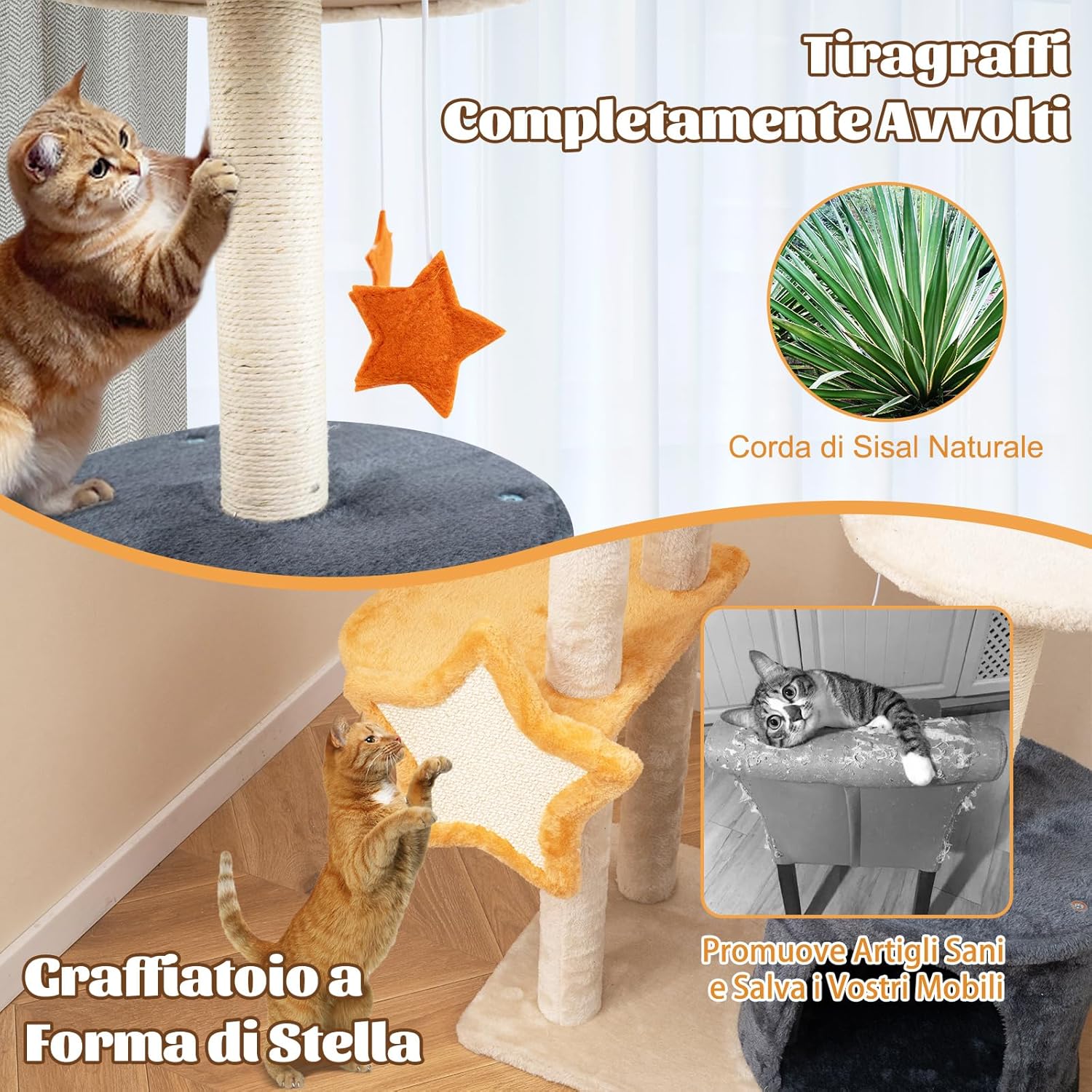 Tiragraffi per Gatti 128cm, Albero per Gatti da Interno, Torre Multi-Livello con Tiragraffi in Sisal, Gattiera, Piattaforma Superiore in Peluche e Giocattoli Appesi