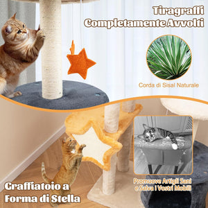 Tiragraffi per Gatti 128cm, Albero per Gatti da Interno, Torre Multi-Livello con Tiragraffi in Sisal, Gattiera, Piattaforma Superiore in Peluche e Giocattoli Appesi
