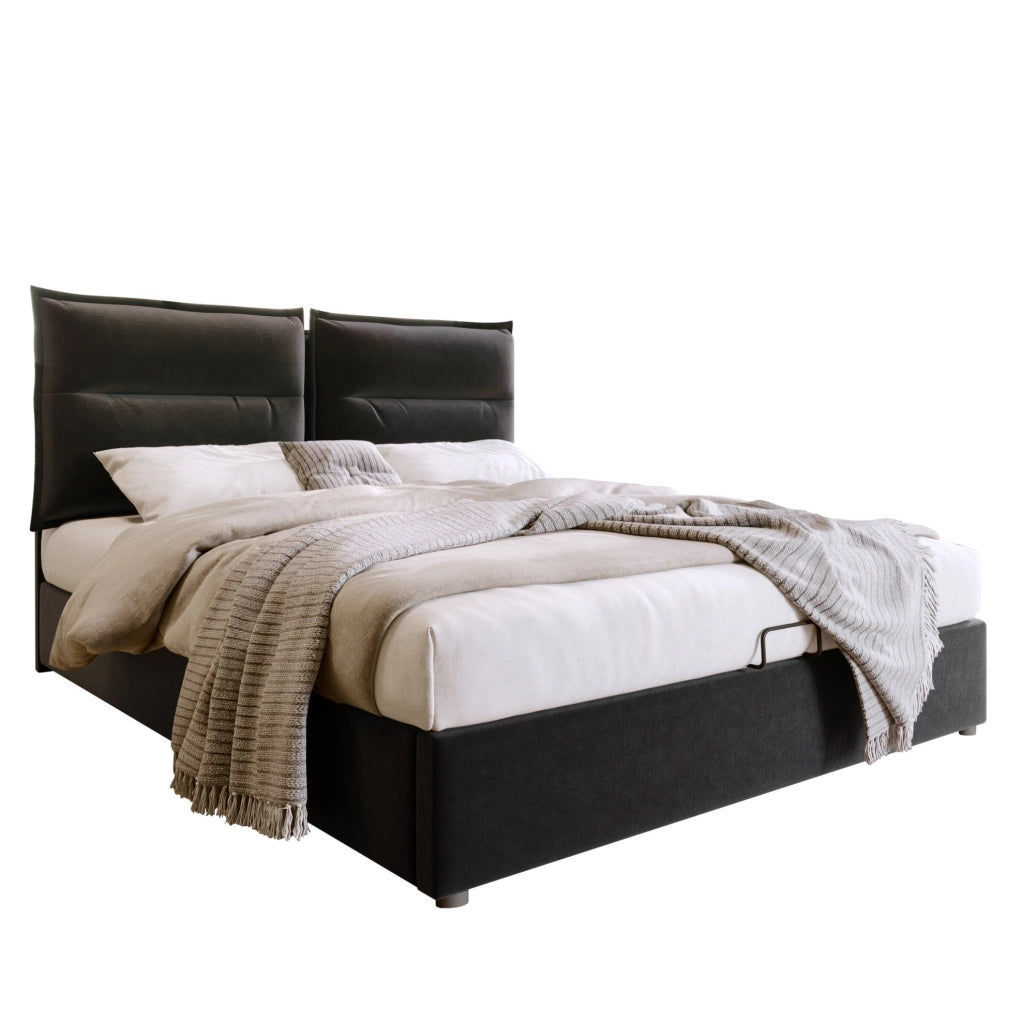 Letto matrimoniale 140x200 cm con contenitore e testiera regolabile; velluto nero