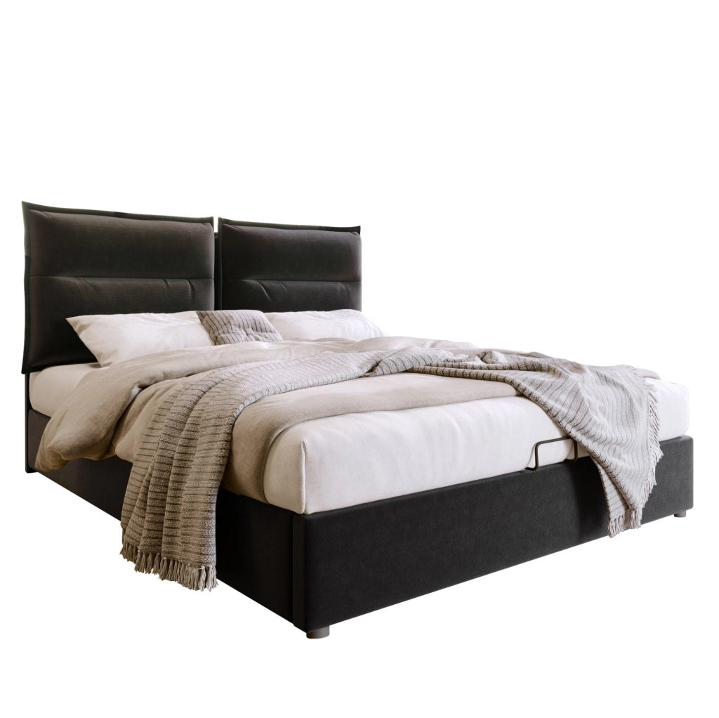 Letto matrimoniale 140x200 cm con contenitore e testiera regolabile; velluto nero