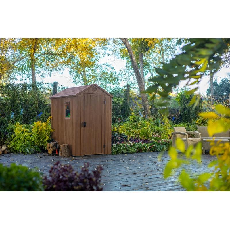 Casetta da giardino in resina EVOTECH+ effetto legno 125,8x184,5x205,1 cm - con pavimento rialzato e finestra laterale - Marrone – Keter