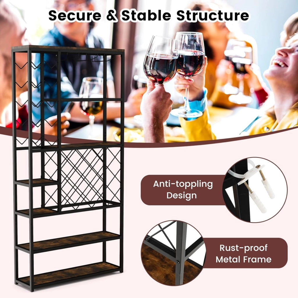 Portabottiglie Industriale da Pavimento, Scaffale per Vino Indipendente, Armadio in Metallo con Righe per Tazze e Bottiglie, Mobile Multistrato, 81 x 23 x 166 cm