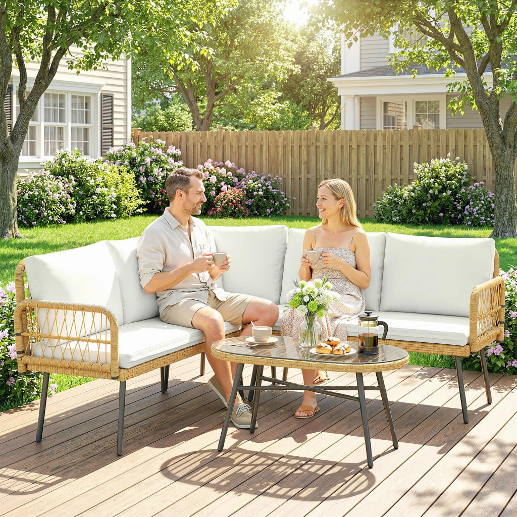 Set 4 Pezzi Salotto da Giardino con 2 Divani 2 Posti Angolari e Tavolino da Caffè in Acciaio e Rattan Legno e Crema