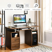 Scrivania con Cassetti, Vassoio per Tasteriera e Ripiani, Scrivania Porta PC e Stampante in Legno, Scrivania Salvaspazio Ideale per Studio e Ufficio, 120 x 55 x 85 cm (Noce)