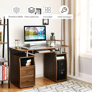 Scrivania con Cassetti, Vassoio per Tasteriera e Ripiani, Scrivania Porta PC e Stampante in Legno, Scrivania Salvaspazio Ideale per Studio e Ufficio, 120 x 55 x 85 cm (Noce)
