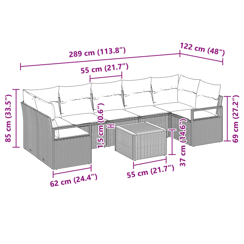 Set di Divani da Giardino da 8 Pezzi con Cuscini Neri in Polyrattan Acacia