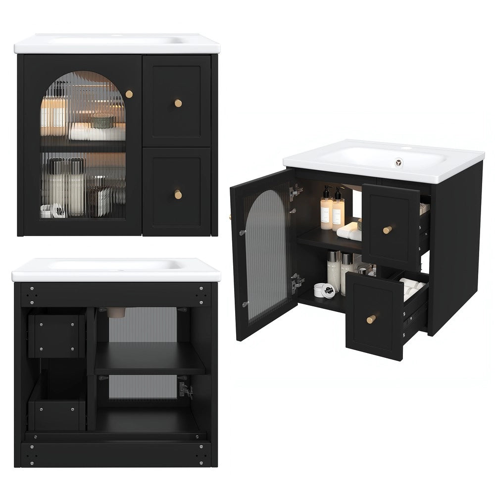 Mobile Bagno Sospeso con Lavabo in Ceramica, LED e Anta in Vetro ¨C Xylo ¨C Nero/Bianco