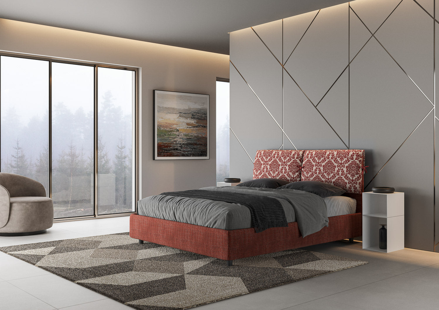 Letto Matrimoniale 160x210 cm con Rete e Contenitore con Testata e Alzata Comoda Imbottito in Tessuto Agata Mados