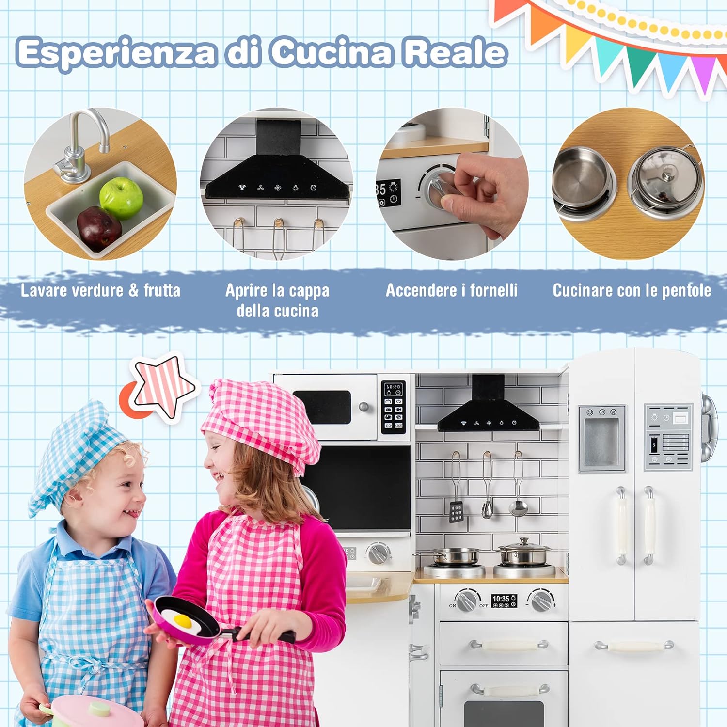 Cucina Giocattolo per Bambini, Cucina per Bambini in Legno con Lavello, Fornelli, Cappa, Telefono, Frigorifero, Lavatrice e Utensili da Cucina, 3 Anni+, Bianco