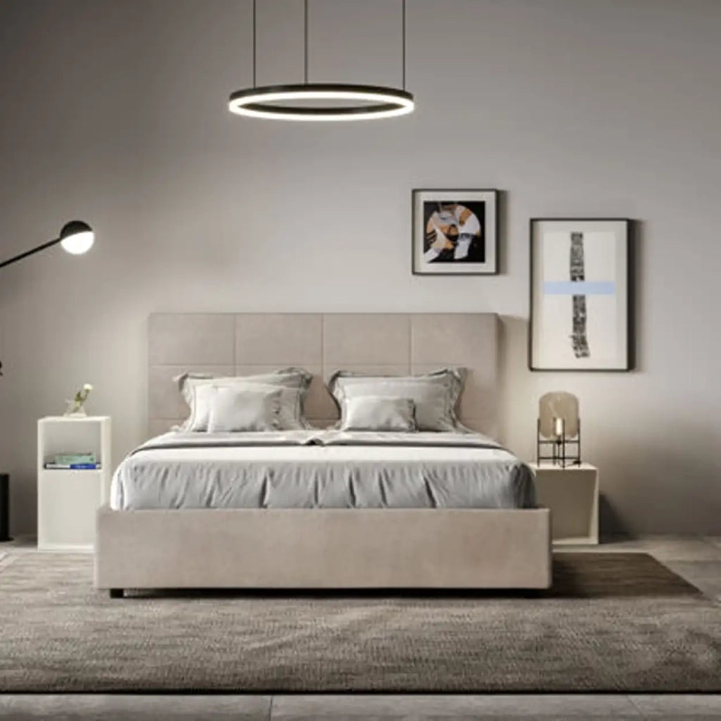 Letto matrimoniale francese con rete imbottito 140x190 microfibra sabbia Mika
