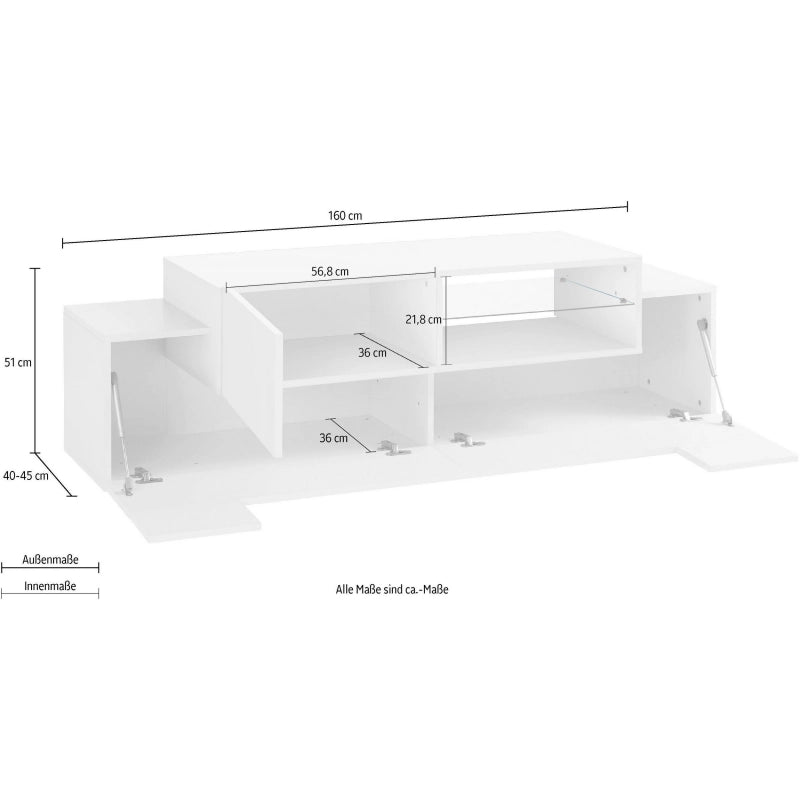 Porta TV New Coro 160 – 2+1 ante con ripiano in vetro – Bianco Lucido/Acero Pereira
