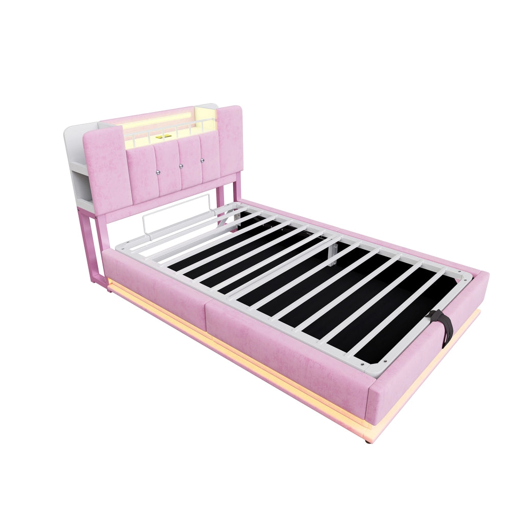 Letto imbottito per bambini 90x200 cm con LED; USB e contenitore idraulico; velluto rosa