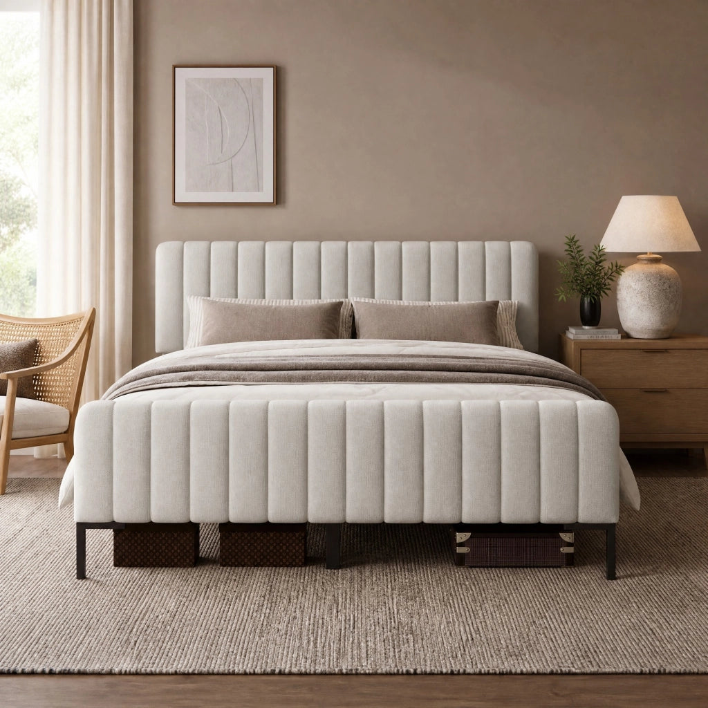 Letto matrimoniale 180x200 cm in lino grigio beige con testiera regolabile e rete a doghe