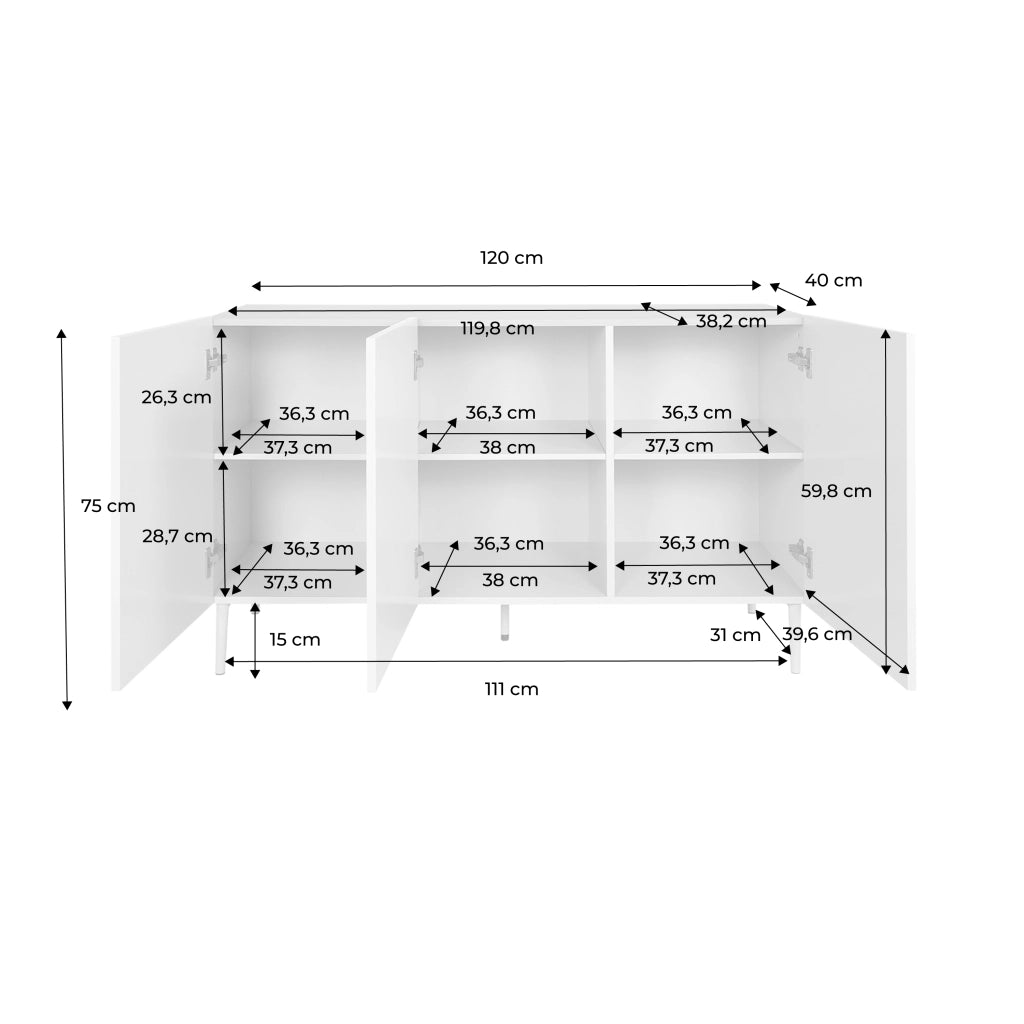 Credenza in metallo e decorazione in legno 3 ante, 120cm, grigio