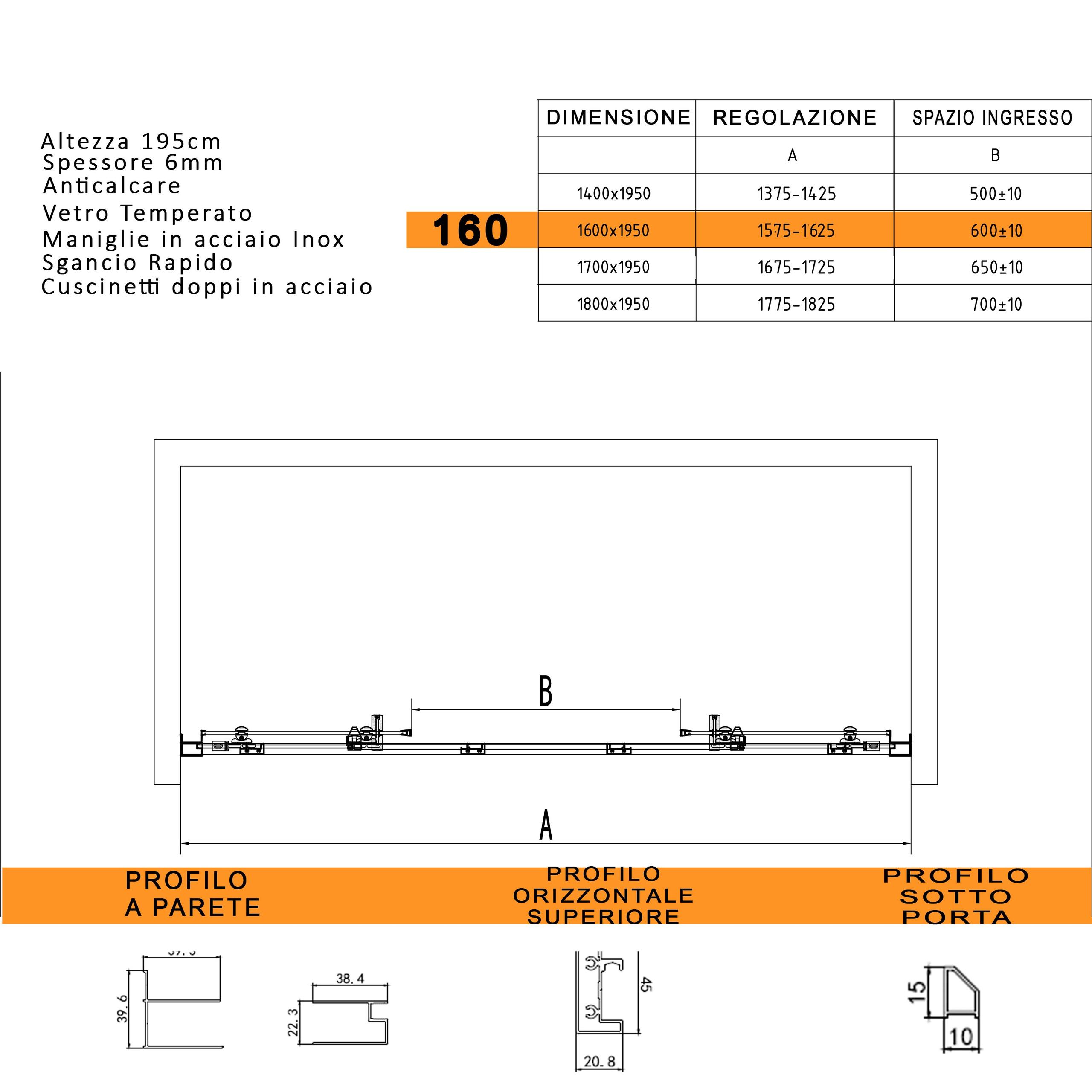 Porta Parete Doccia 2 Ante Scorrevoli in Cristallo Trasparente 6mm H195 Bonussi Vivian 140 cm