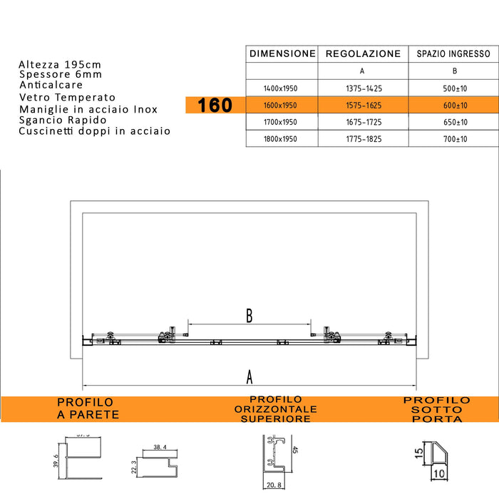 Porta Parete Doccia 2 Ante Scorrevoli in Cristallo Trasparente 6mm H195 Bonussi Vivian 140 cm