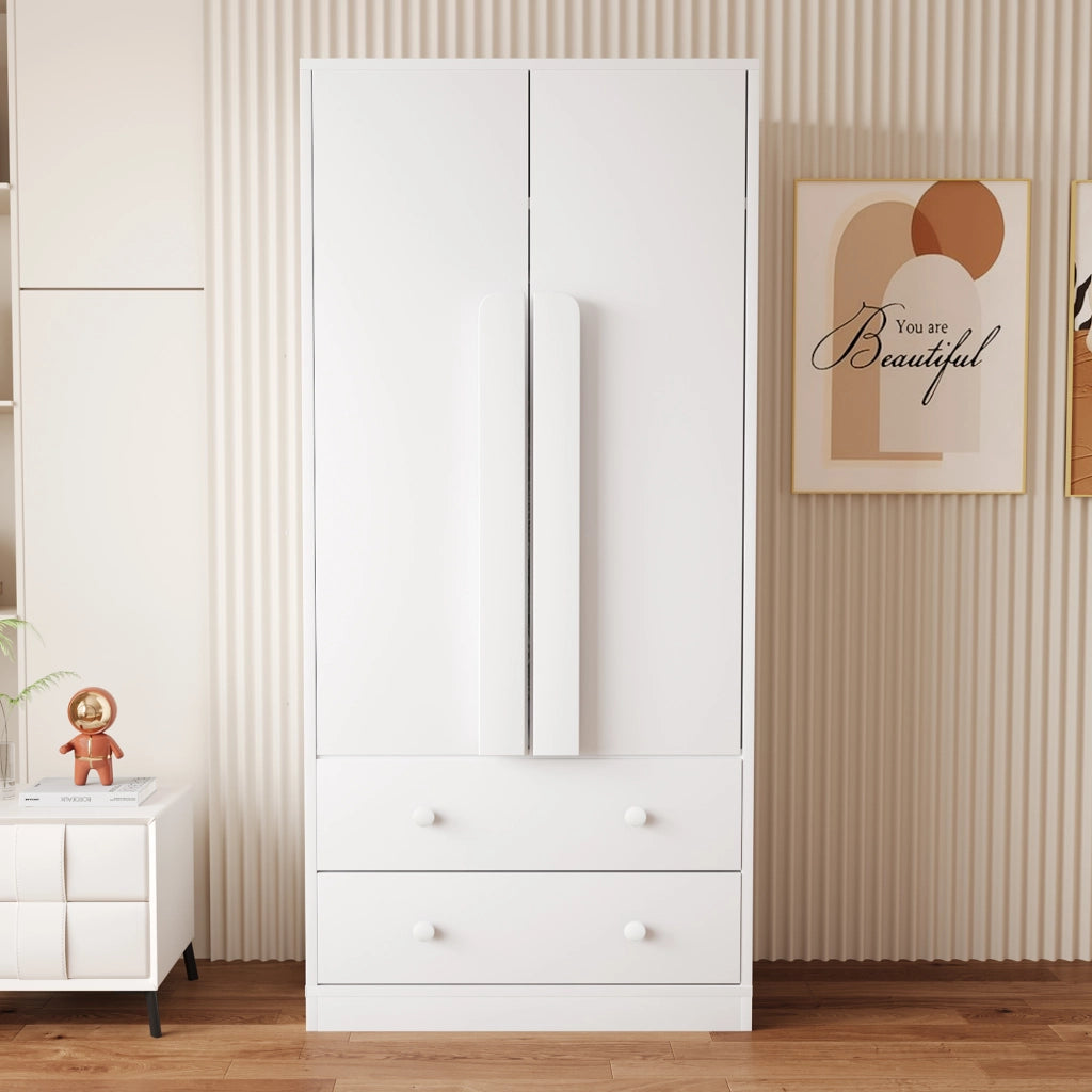 Armadio con 2 ante e 2 cassetti, 1 vano contenitore, per camera da letto, in legno, bianco, 70 × 40 × 170 cm