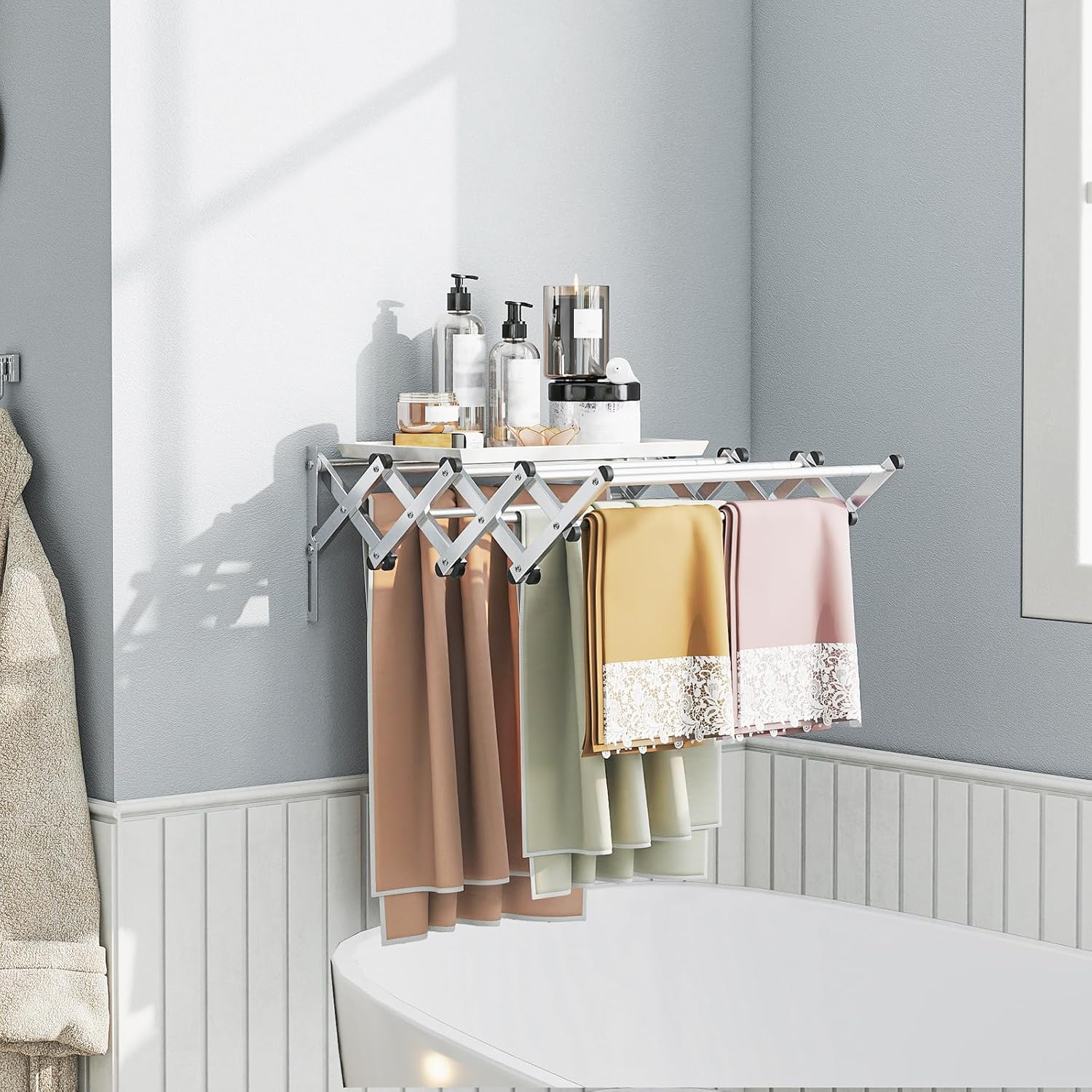 Stendibiancheria da Parete con 8 Aste in Acciaio Inox, Stendino da Parete per Bagno/Lavanderia, Stendino a Muro Richiudibile e Salvaspazio, Argento (50-86 x 63 x 22 cm)