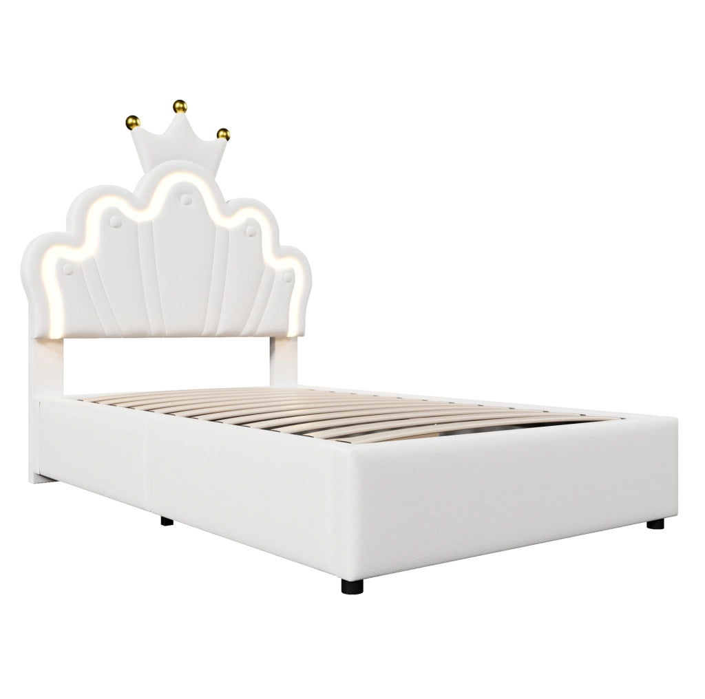 Letto imbottito 90x200 cm in PU bianco con LED; testiera regolabile e contenitore idraulico