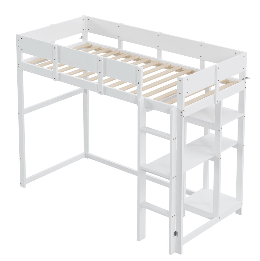 Hochbett 90x200 cm con ripiano; design salvaspazio in legno bianco