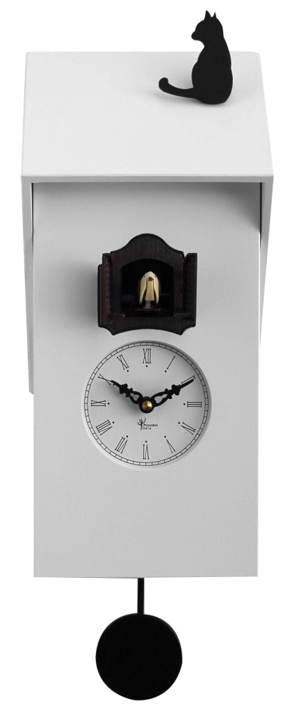 Orologio a Cucù da Parete 17x37x12 cm con Gatto Pirondini Italia Vicenza Bianco