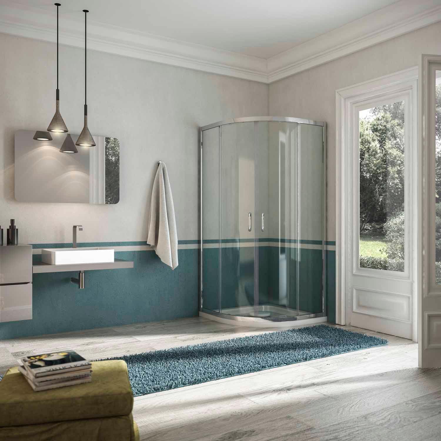 Box Doccia Semicircolare 2 Ante Scorrevoli In Cristallo Trasparente 6mm H185 Fosterberg Vejle 90x90xH185 cm