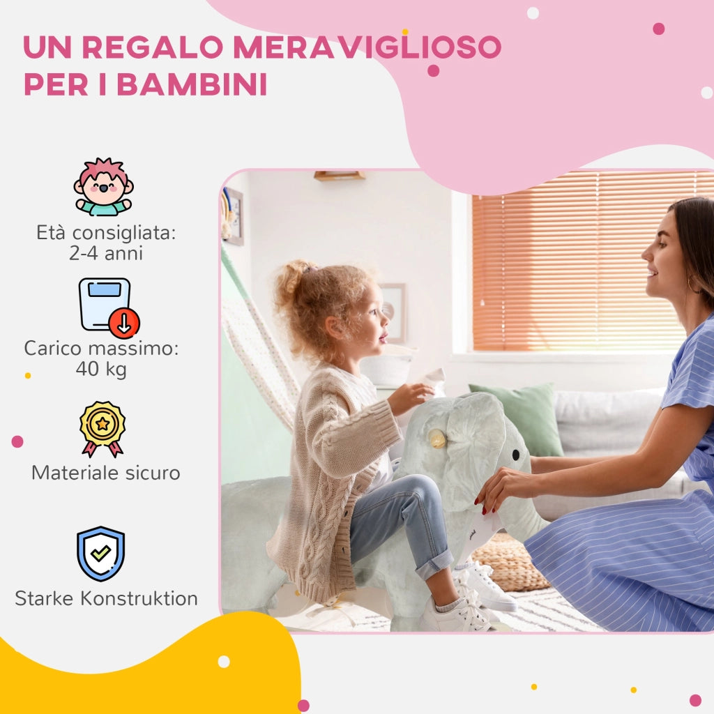Cavallo a Dondolo per Bambini in Legno e Peluche Elefante Grigio