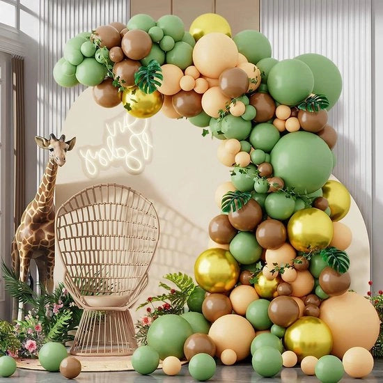 Set di Bamboline con Tema Jungle Safari Woodland - 148 pezzi - Colori Verde Beige Oro - Adatto per Festa di Nascita, Svelamento del Sesso, Compleanno e Festa di Matrimonio