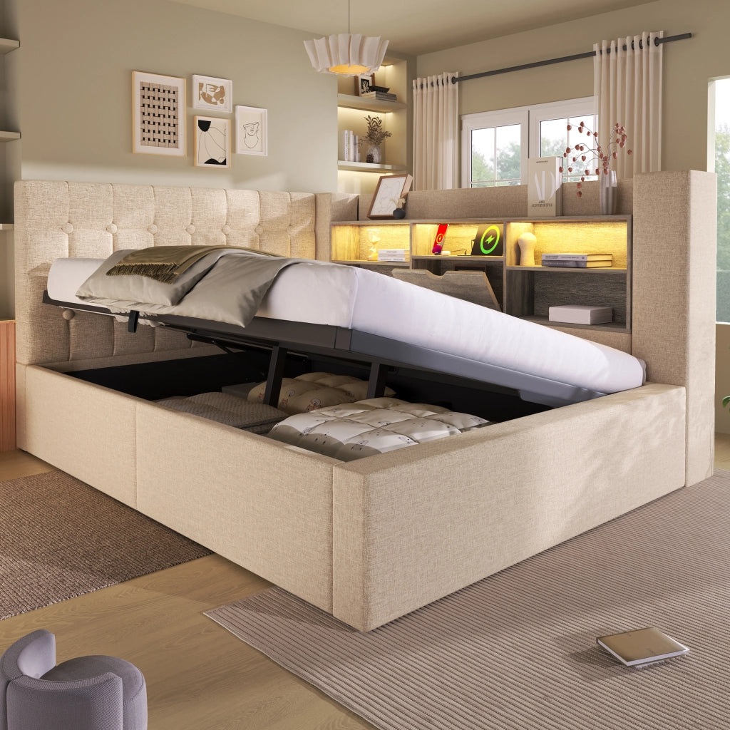 Letto matrimoniale – 140x190 cm – LED contenitore idraulico testiera a L – lino beige