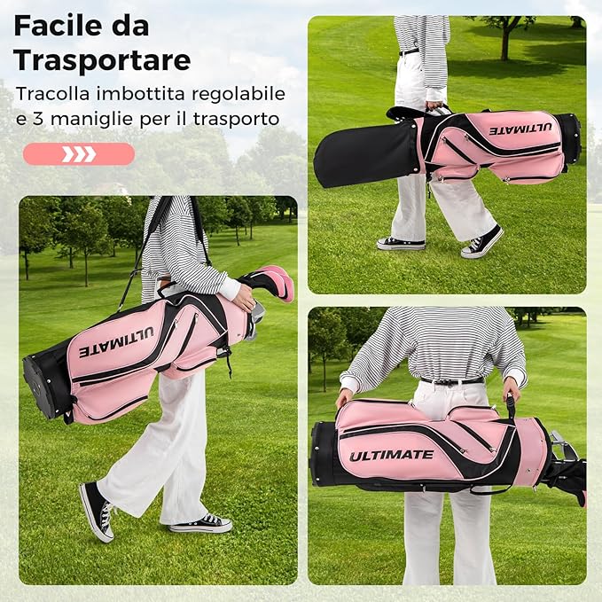 Set Completo di Mazze da Golf da Dona, Include Driver 460CC 1, Fairway 3, Ibrido 4, Ferri 6, 7, 8, 9 e P, Putter, 3 Copri Mazzetta e 1 Borsa per Destrimano