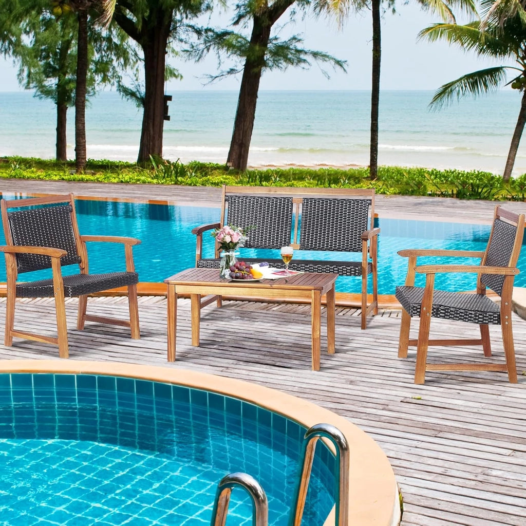4 Pezzi Set Mobili da Esterno in Legno di Acacia, Set di Tavolino e Sedie con Seduta e Schienale in Rattan, Set Salotto per Giardino Patio e Terrazza