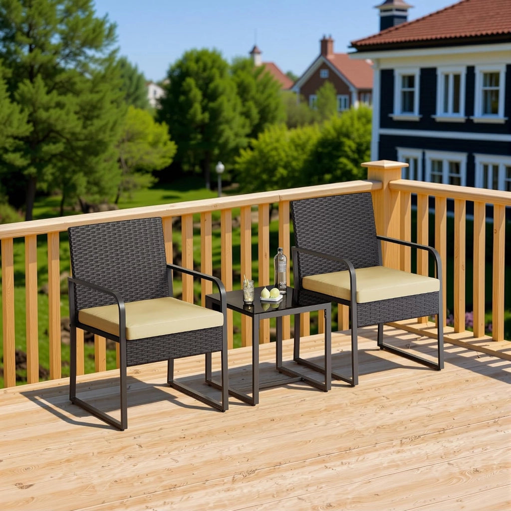 Set Giardino in Rattan per 2 Persone, Mobili da Esterno in Vimini con Cuscini, Tavolino e 2 Sedie per Terrazza, Balcone, Giardino o Piscina (beige)