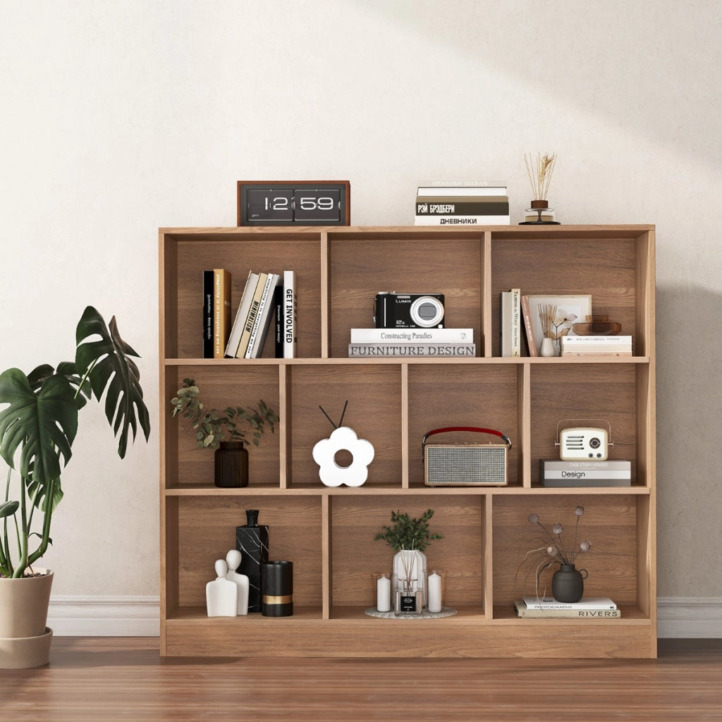 Libreria a 10 cubi con 2 kit anti-ribaltamento, Organizzatore di stoccaggio a 3 ripiani in legno alto 104cm Naturale-Librerie