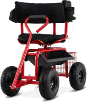 Carrello da Giardino, Sgabello con Ruote Girevole a 360°, Cuscino Imbottito, Schienale, Cestino, Tasca e Vassoio Porta Attrezzi, Carriola da Giardino e Cortile, 96 x 46 x 78-87 cm (Rosso)