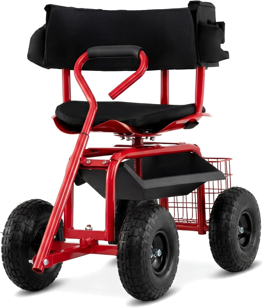 Carrello da Giardino, Sgabello con Ruote Girevole a 360°, Cuscino Imbottito, Schienale, Cestino, Tasca e Vassoio Porta Attrezzi, Carriola da Giardino e Cortile, 96 x 46 x 78-87 cm (Rosso)