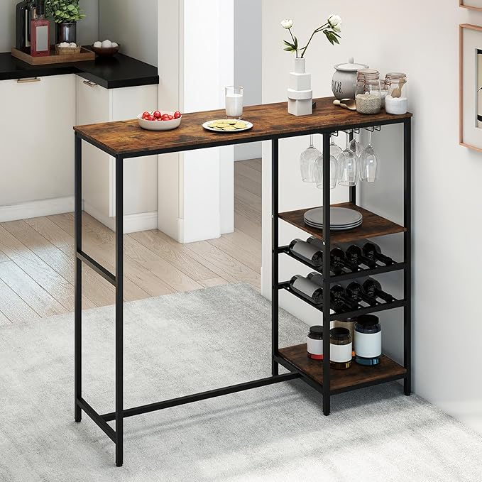 Tavolo da Bar 121 x 41 x 105,5 cm, Angolo Bar per Casa con Scaffali di Stoccaggio, Portabottiglie e Portacalici, Tavolo Alto per Cucina, Soggiorno, Ristorante e Bistrò
