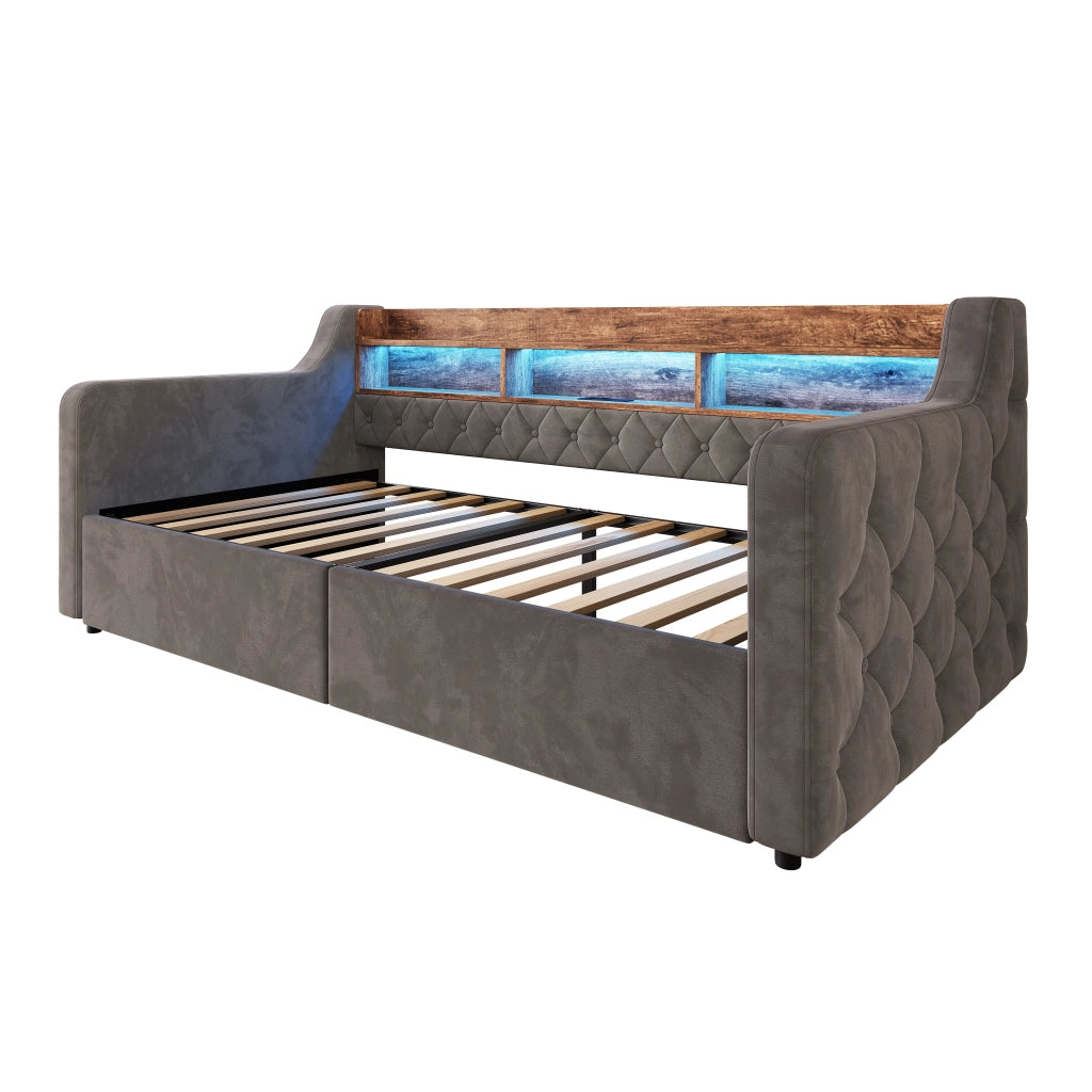 Letto singolo imbottito 90x190 cm con LED; ripiani e 2 cassetti grigio scuro