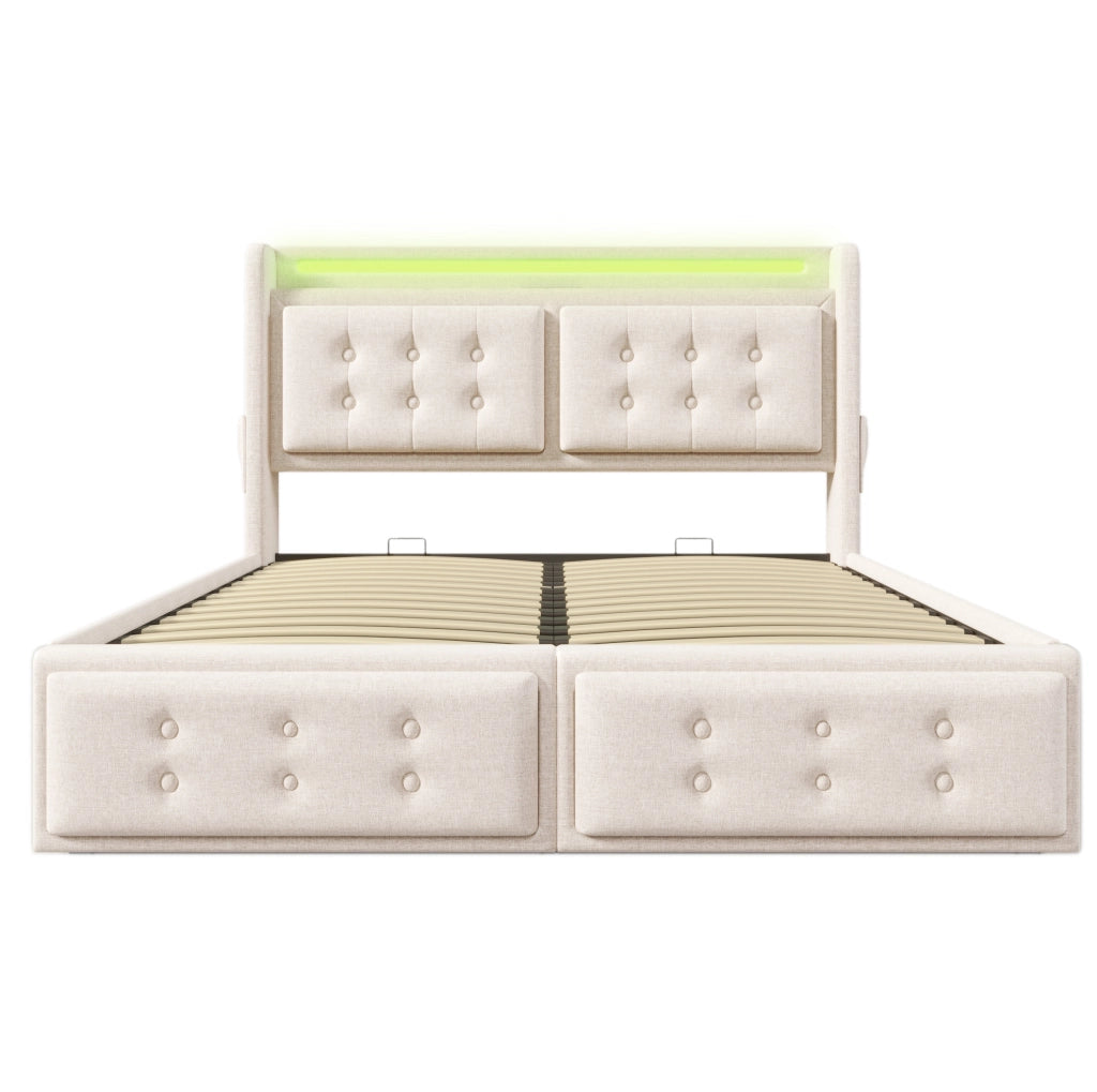 Letto matrimoniale 180x200 cm con contenitore; LED e porte USB; in tessuto beige